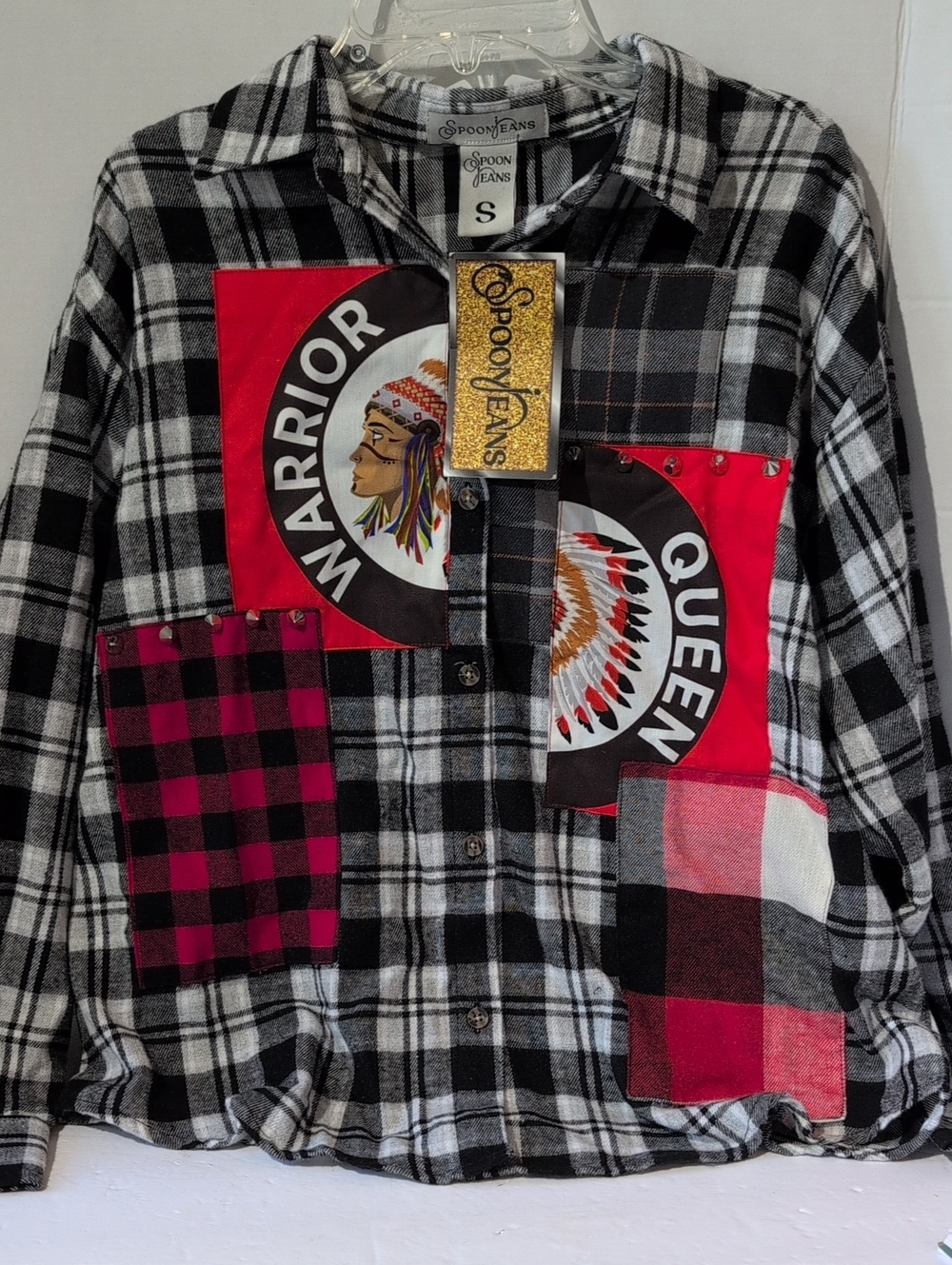 Womens Deadstock Spoon Jeans Black & White Plaid Patchwork Shirt Studded- Small
